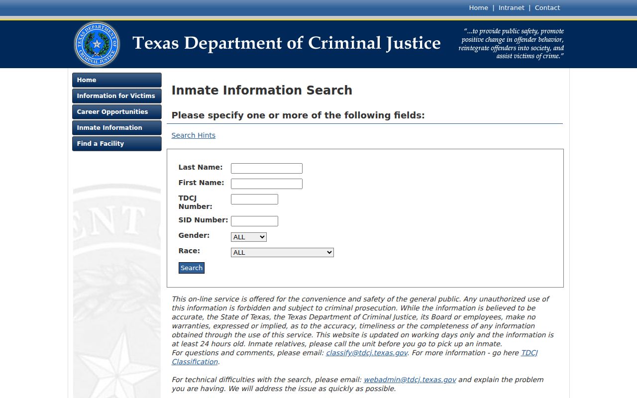 Cameron County arrest record follow-up through the TDCJ inmate search
