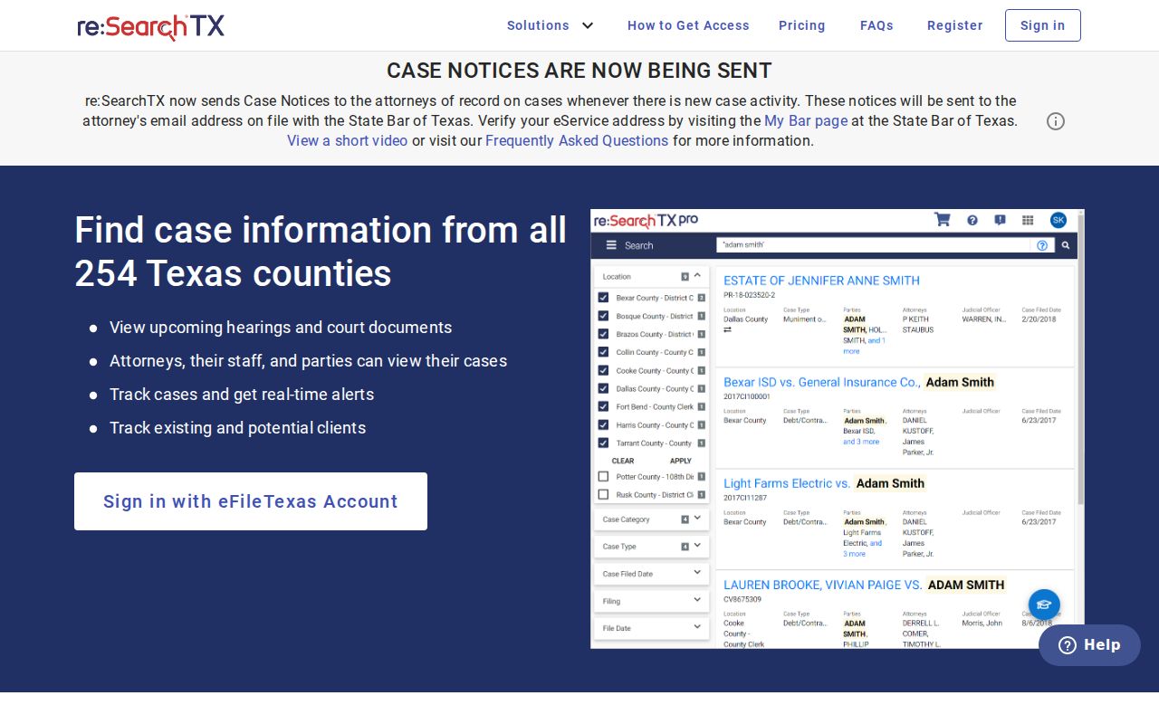Cameron County criminal court case research through re:SearchTX