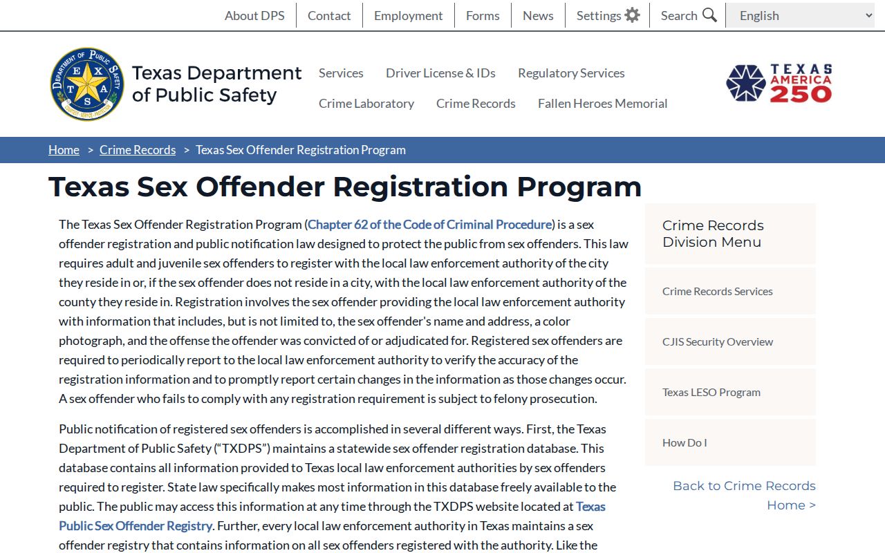 Texas registration program information for Cameron County sex offender records