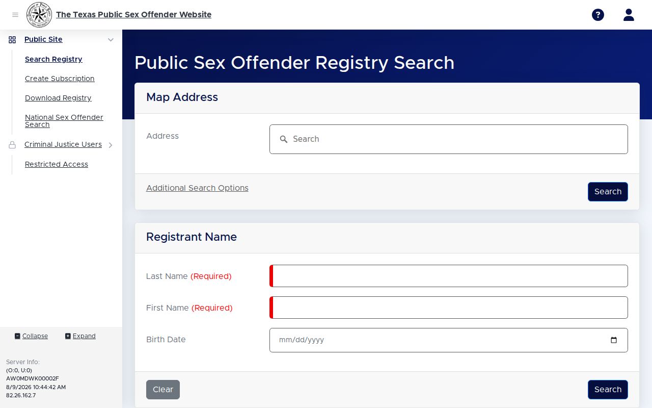 Texas DPS search form for Cameron County sex offender records